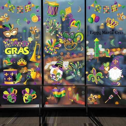 Whaline Mardi Gras Window Clings Mardi Gras Gnome Clown Window Decals Reusable Purple Green Yellow PVC Stickers for Carnival Party Home Office Window Glass Mirror Decoration Supplies, 8 Sheet in Saudi Arabia