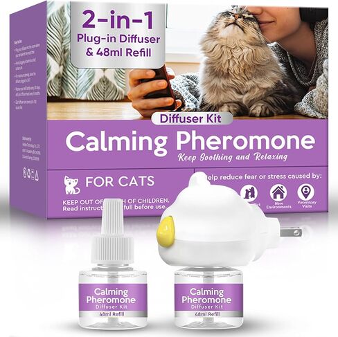 Cat Calming Diffuser, Cat Anxiety Relief, Sustained Release Pheromone for 60 Days Use, Easily Fit in New Environment, 2 in 1 Cat Calming Products with Diffuser Head&2pcs Vial in Kuwait