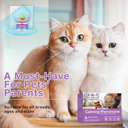 Cat Calming Diffuser, Cat Anxiety Relief, Sustained Release Pheromone for 60 Days Use, Easily Fit in New Environment, 2 in 1 Cat Calming Products with Diffuser Head&2pcs Vial in Kuwait