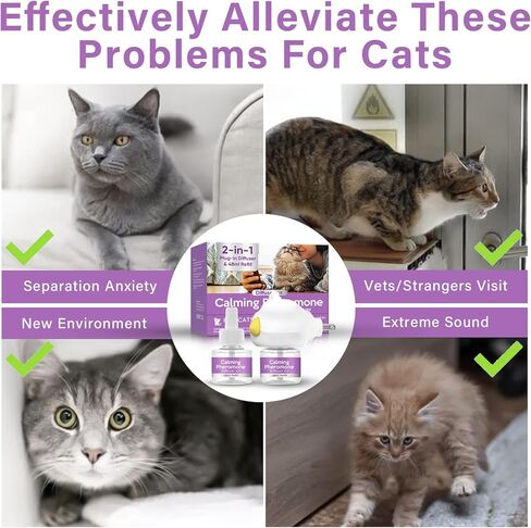 Cat Calming Diffuser, Cat Anxiety Relief, Sustained Release Pheromone for 60 Days Use, Easily Fit in New Environment, 2 in 1 Cat Calming Products with Diffuser Head&2pcs Vial in Kuwait