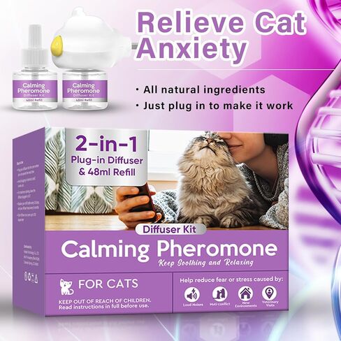 Cat Calming Diffuser, Cat Anxiety Relief, Sustained Release Pheromone for 60 Days Use, Easily Fit in New Environment, 2 in 1 Cat Calming Products with Diffuser Head&2pcs Vial in Kuwait