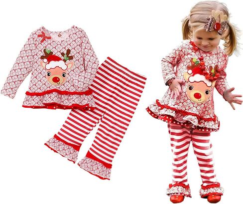 CM C&M WODRO Toddler Baby Girl Christmas Deer Outfit Long Sleeve Ruffle Top Fall Clothes Striped Flare Pants Set in Saudi Arabia