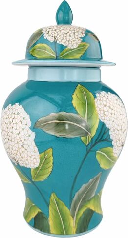 Ginger Jar with Lid Hand Drawn Ceramic Ginger Jar with Lid Floral Pattern Decorative Jar for Home Office Table Living Room Bedroom Bluish Green in Saudi Arabia