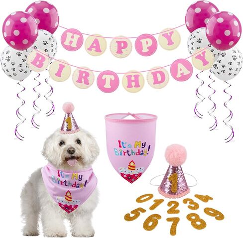 GAGILAND Dog Birthday Party Supplies Bandana Hat Banner Set Boy Girl Cute Bow Tie Scarf Dog Birthday Decorations (Pink，Dog Girl) in Saudi Arabia