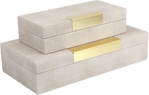 BRANDLOUIE Decorative Boxes Ivory for Jewelry, Cosmetics, and Small Personal Items or Keepsakes, 2 Pc. Set, Shagreen Faux Leather, Small and Large Storage Box set for Home Decor in Kuwait