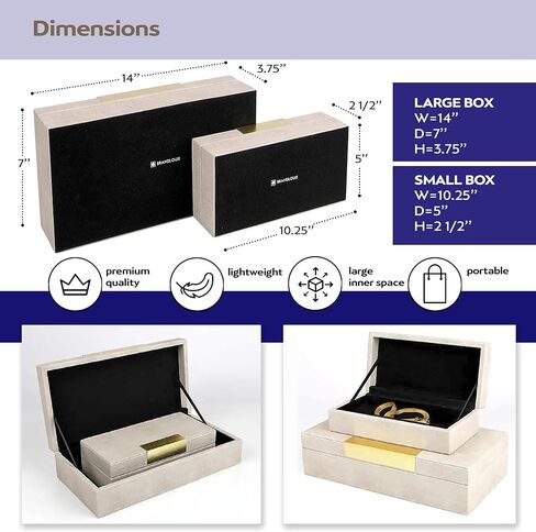 BRANDLOUIE Decorative Boxes Ivory for Jewelry, Cosmetics, and Small Personal Items or Keepsakes, 2 Pc. Set, Shagreen Faux Leather, Small and Large Storage Box set for Home Decor in Kuwait