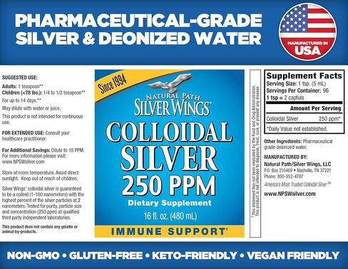 Natural Path Silver Wings Colloidal Silver 250ppm 16oz - Premium Glass Bottle - Amber Color Means Higher Concentration Than Clear Silver Liquids - Natural Mineral Supplement (1250mcg) in Saudi Arabia