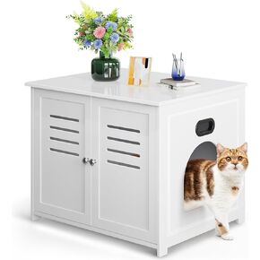 Biubiucat Cat Litter Box Enclosure, Wooden Litter Box Hidden Litter Box Furniture, Home Decorative Cat House Indoor,Wooden Cat Washroom Furniture with Barn Door - White in Kuwait