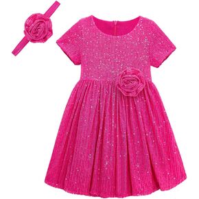 Flower Girl Dress Sequin Party Dresses for Girls Toddler Baby Elegant Rose Dresses with Cute Headband