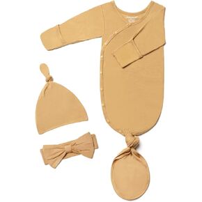 Baby Noah Newborn Knotted Gowns, Baby Girl Side Snap Kimono Sleeper with Mitten Cuffs, Hat and Headband Set for Baby Boy Girl