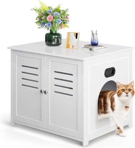 Biubiucat Cat Litter Box Enclosure, Wooden Litter Box Hidden Litter Box Furniture, Home Decorative Cat House Indoor,Wooden Cat Washroom Furniture with Barn Door - White in Kuwait