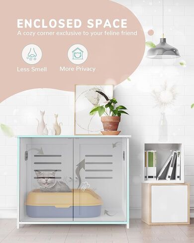 Biubiucat Cat Litter Box Enclosure, Wooden Litter Box Hidden Litter Box Furniture, Home Decorative Cat House Indoor,Wooden Cat Washroom Furniture with Barn Door - White in Kuwait