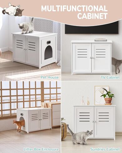 Biubiucat Cat Litter Box Enclosure, Wooden Litter Box Hidden Litter Box Furniture, Home Decorative Cat House Indoor,Wooden Cat Washroom Furniture with Barn Door - White in Kuwait