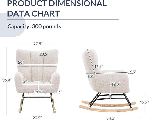 كرسي هزاز BELLEZE، كرسي حضانة منجد، كرسي منجد مع ظهر مبطن ومساند للذراعين، كرسي هزاز ذو مقعد واسع لغرفة النوم، غرفة الحضانة، غرفة المعيشة، المكتب، غرفة الضيوف (لوسي - أبيض) in Kuwait