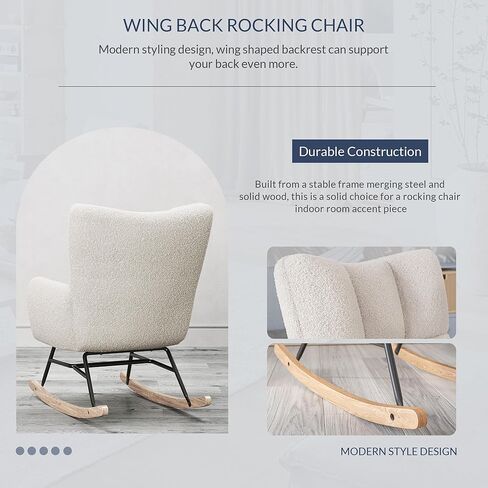 كرسي هزاز BELLEZE، كرسي حضانة منجد، كرسي منجد مع ظهر مبطن ومساند للذراعين، كرسي هزاز ذو مقعد واسع لغرفة النوم، غرفة الحضانة، غرفة المعيشة، المكتب، غرفة الضيوف (لوسي - أبيض) in Kuwait