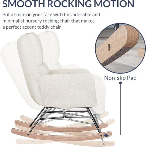 كرسي هزاز BELLEZE، كرسي حضانة منجد، كرسي منجد مع ظهر مبطن ومساند للذراعين، كرسي هزاز ذو مقعد واسع لغرفة النوم، غرفة الحضانة، غرفة المعيشة، المكتب، غرفة الضيوف (لوسي - أبيض) in Kuwait