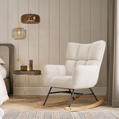 كرسي هزاز BELLEZE، كرسي حضانة منجد، كرسي منجد مع ظهر مبطن ومساند للذراعين، كرسي هزاز ذو مقعد واسع لغرفة النوم، غرفة الحضانة، غرفة المعيشة، المكتب، غرفة الضيوف (لوسي - أبيض) in Kuwait