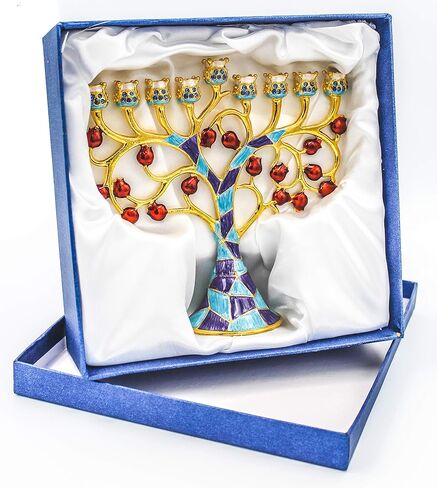 شجرة مينورا مرصعة بالجواهر ومطلية بالذهب مع زهور حمراء من شركة Dreidel (شجرة فسيفساء مرصعة بالجواهر ومطلية بالذهب مع زهرة حمراء) in Kuwait