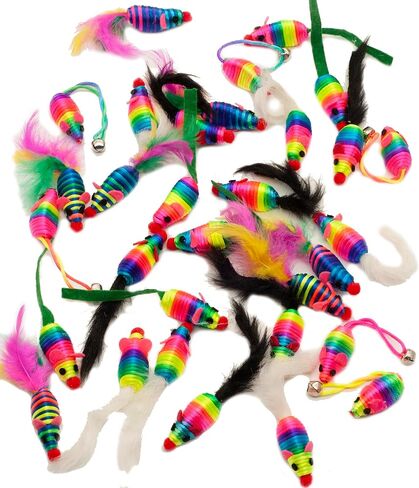 Fashion's Talk 30 Pack 5" Cat Toy Mouse, Handmade Mice Kitten Toys with Rattle Feather Mini Mouse for Indoor Cats Interactive Play Color Varies (Rainbow Mice 5 Style) in Kuwait