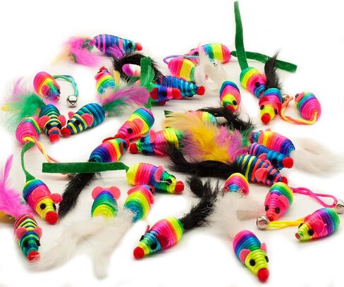 Fashion's Talk 30 Pack 5" Cat Toy Mouse, Handmade Mice Kitten Toys with Rattle Feather Mini Mouse for Indoor Cats Interactive Play Color Varies (Rainbow Mice 5 Style) in Kuwait