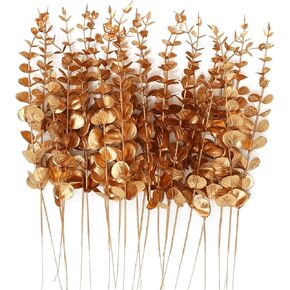 CEWOR 24pcs Artificial Gold Eucalyptus Stems Decor 14 Inch Faux Eucalyptus Branches for Vase Fake Eucalyptus Leaves for Wedding Centerpiece Flower Floral Arrangement Farmhouse Home Decoration