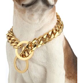 Gold Chain Dog Collar 11/15/19mm Wide Stainless Steel Cuban Link Slip Choker Chew Proof Collar Training Walking for Small, Medium and Large Dogs 12in-26in (15mm,20'') in Kuwait