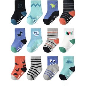 Egaivtya Baby Toddler Boy Socks Kids Non Skid Socks with Grips Anti-Slip Crew Cotton Socks for Boys Dinosaur Socks, 12 Pack