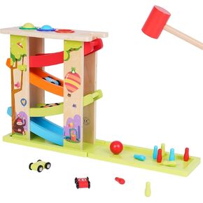 3-in-1 Wooden Car Ramp Race Toy with 4 Mini Cars Race Track Toy with Pounding Toy & Bowling for Kids Montessori Race Track Slide Toy Rainbow Track Great Gift for Boys Girls in Kuwait