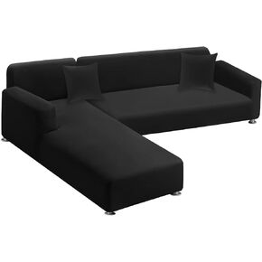 LA MEACK Sectional Couch Covers 2-Piece Softness L Shaped Sofa Cover Super Stretch L-Type Couch Slipcover with 2Pcs Pillowcases Sofa Slipcover 3 Seater + 3 Seater Furniture Protector (Black)