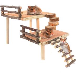 Hamster Climbing Toys Natural Wooden Two-Tier Hamster Playground(Fixed with 4 Screws) Hamster Playing Activity Platform Apple Wood Chewing Toys for Small Pets
