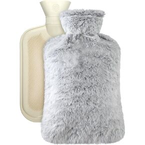Large Hot Water Bottle with Cover, 2 Litre, Premium Natural Rubber Hot Water Bag, Soft Fleece Cover for Pain Relief, Back, Neck and Shoulders & Warm Cosy Nights (Beige)