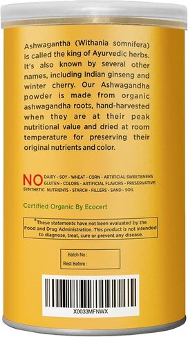 مسحوق جذر أشواغاندا العضوي الطبيعي، 8 أونصة | أدابتوجين الأيورفيدا للهدوء والحيوية ويعزز الطاقة والقدرة على التحمل | نقي، عضوي معتمد من وزارة الزراعة الأمريكية، خام، نباتي in Kuwait