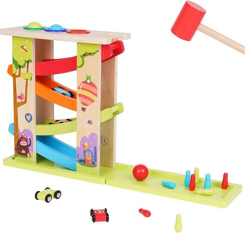 3-in-1 Wooden Car Ramp Race Toy with 4 Mini Cars Race Track Toy with Pounding Toy & Bowling for Kids Montessori Race Track Slide Toy Rainbow Track Great Gift for Boys Girls in Kuwait