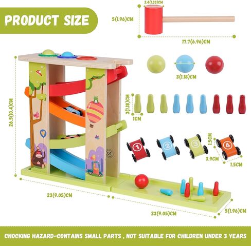 3-in-1 Wooden Car Ramp Race Toy with 4 Mini Cars Race Track Toy with Pounding Toy & Bowling for Kids Montessori Race Track Slide Toy Rainbow Track Great Gift for Boys Girls in Kuwait