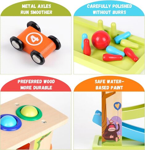 3-in-1 Wooden Car Ramp Race Toy with 4 Mini Cars Race Track Toy with Pounding Toy & Bowling for Kids Montessori Race Track Slide Toy Rainbow Track Great Gift for Boys Girls in Kuwait