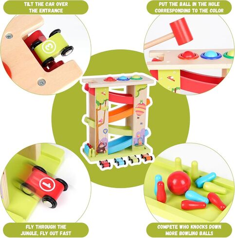 3-in-1 Wooden Car Ramp Race Toy with 4 Mini Cars Race Track Toy with Pounding Toy & Bowling for Kids Montessori Race Track Slide Toy Rainbow Track Great Gift for Boys Girls in Kuwait