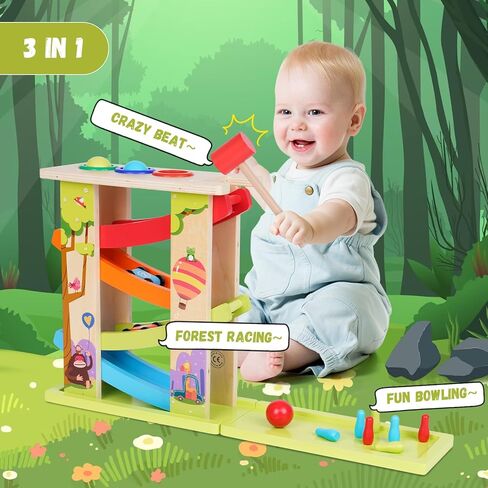 3-in-1 Wooden Car Ramp Race Toy with 4 Mini Cars Race Track Toy with Pounding Toy & Bowling for Kids Montessori Race Track Slide Toy Rainbow Track Great Gift for Boys Girls in Kuwait