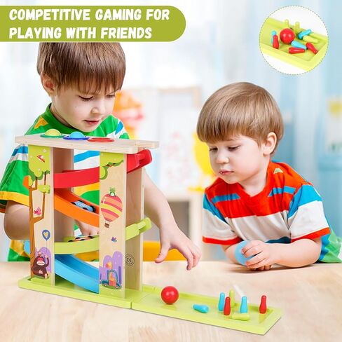 3-in-1 Wooden Car Ramp Race Toy with 4 Mini Cars Race Track Toy with Pounding Toy & Bowling for Kids Montessori Race Track Slide Toy Rainbow Track Great Gift for Boys Girls in Kuwait