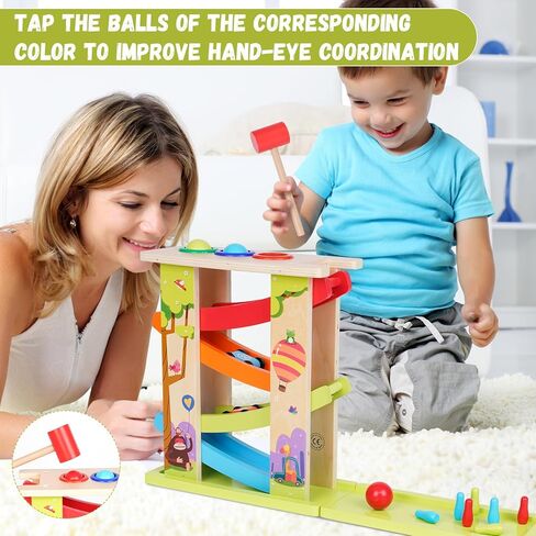 3-in-1 Wooden Car Ramp Race Toy with 4 Mini Cars Race Track Toy with Pounding Toy & Bowling for Kids Montessori Race Track Slide Toy Rainbow Track Great Gift for Boys Girls in Kuwait