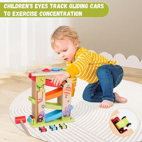 3-in-1 Wooden Car Ramp Race Toy with 4 Mini Cars Race Track Toy with Pounding Toy & Bowling for Kids Montessori Race Track Slide Toy Rainbow Track Great Gift for Boys Girls in Kuwait