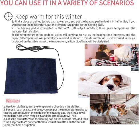 Akozon USB وسادة التدفئة 5V 2A سخان القماش الكهربائي قابل للغسل وسادة قابلة للطي 45 درجة مئوية 9.511.8in 3 وضع درجة حرارة قابلة للتعديل ومؤقت لمقعد الملابس لتدفئة الحيوانات الأليفة in Kuwait