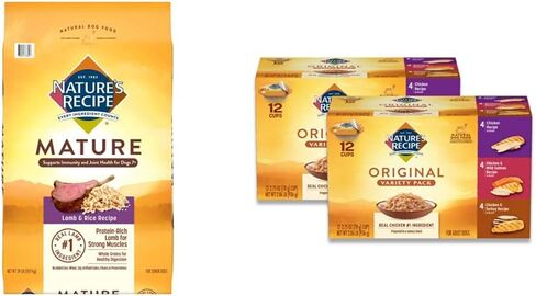 وصفة الطبيعة لحم الضأن الناضج والأرز 24 رطلاً من طعام الكلاب الجاف + مجموعة وصفات الدجاج المتنوعة 2.75 أونصة (عبوة من 24 قطعة) حزمة طعام الكلاب الرطبة in Kuwait