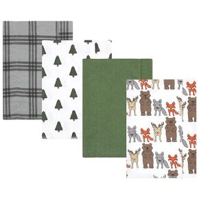 Hudson Baby Unisex Baby Cotton Flannel Burp Cloths 4-Pack, Wild Forest, One Size