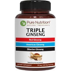 Pure Nutrition Triple Ginseng - an Unique and Effective Combination of Red Ginseng, American Ginseng and Siberian Ginseng. 650mg per Capsule | 60 Veg Caps Pack