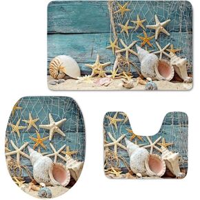 مجموعة سجاد الحمام الفاخرة PZZ BEACH مكونة من 3 قطع، سجادة حمام مقاومة للانزلاق بطباعة مخملية رخامية فيروزية + حصيرة محيطية + غطاء مقعد المرحاض in Kuwait