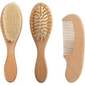 PandaEar Baby Hair Brush and Comb Set for Newborn| Natural Wooden Hairbrush with Soft Goat Bristles, Pear Wood Comb and Wooden Massage Brush for Infant, Toddler, Kids in Saudi Arabia