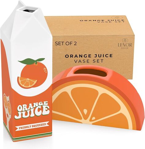 Orange Juice Vase, 2 Vase Set. Ceramic Vase and Sliced Orange Vase. Unique Vases for Flowers. Funky Home Decor. Colorful Vintage Retro Weird Eclectic Groovy Cool Kawaii Room Maximalist Decor in Saudi Arabia