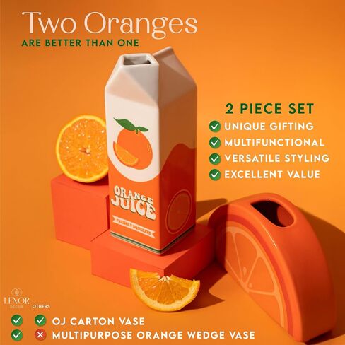Orange Juice Vase, 2 Vase Set. Ceramic Vase and Sliced Orange Vase. Unique Vases for Flowers. Funky Home Decor. Colorful Vintage Retro Weird Eclectic Groovy Cool Kawaii Room Maximalist Decor in Saudi Arabia