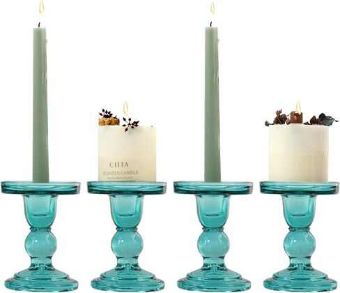 4 Pcs Glass Candle Holders Green, ViViTOP Taper Pillar Candle Holders Set, Candlestick Holders Candles Tealight Stand for Wedding Centerpieces Home Decorations Dining Table in Saudi Arabia