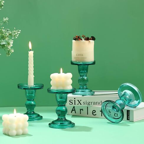 4 Pcs Glass Candle Holders Green, ViViTOP Taper Pillar Candle Holders Set, Candlestick Holders Candles Tealight Stand for Wedding Centerpieces Home Decorations Dining Table in Saudi Arabia